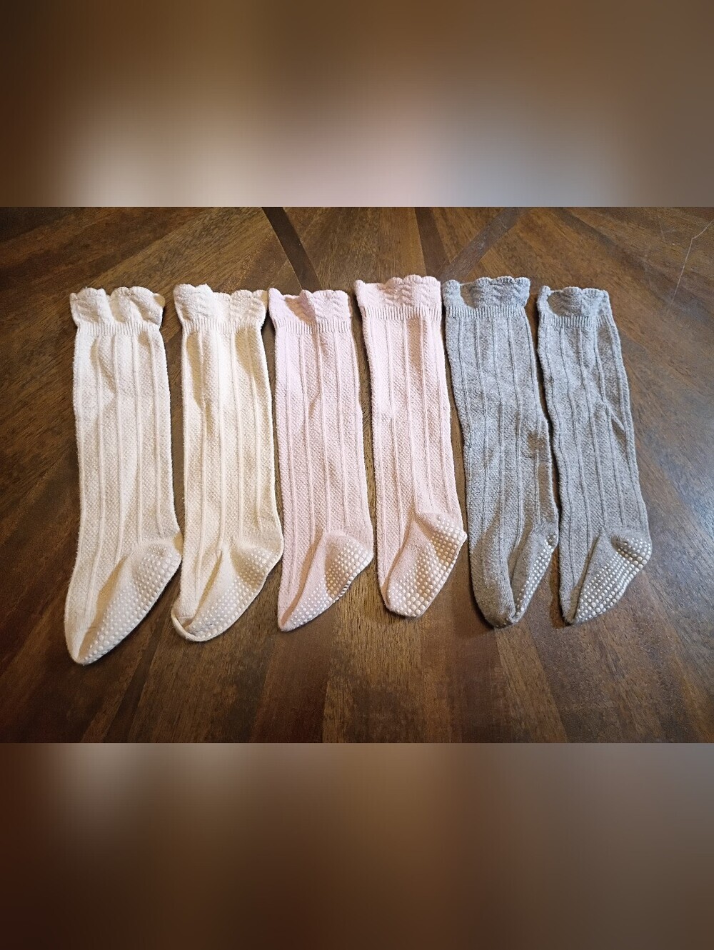 3 Pair Baby/Tod Cable Knit Grip Knee High Socks Cream Pink Gray Neutral 9-12M